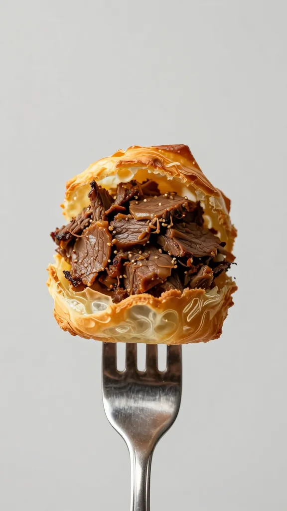 forkful of spiced beef filling with crispy phyllo