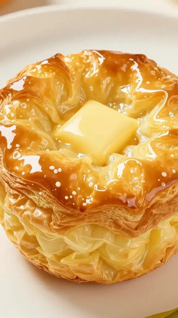 golden phyllo top glistening with butter, tight crop