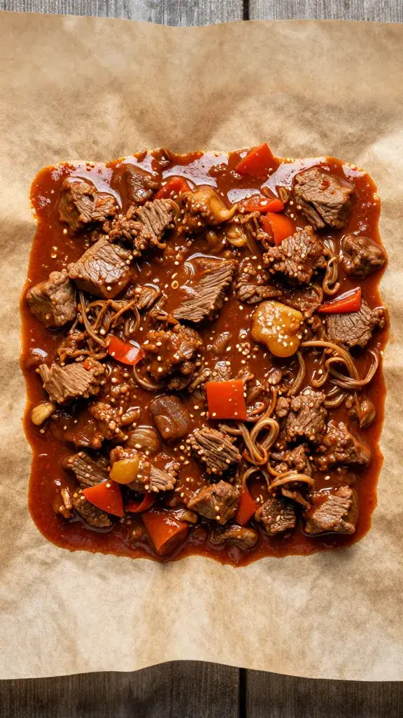 single square of beef goulash on parchment