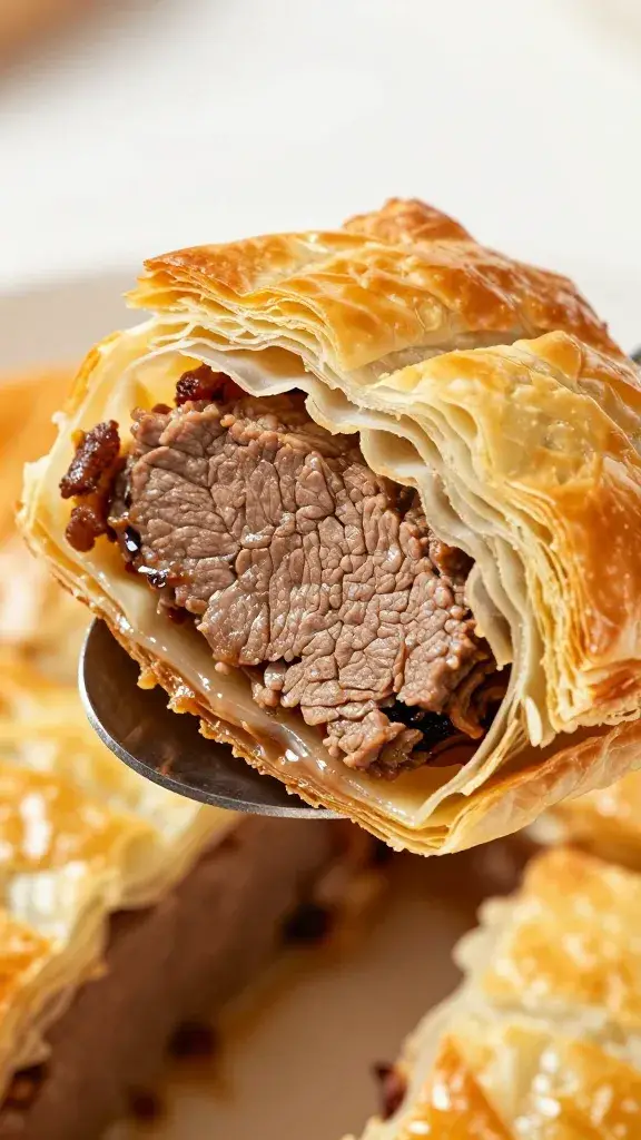spoon revealing juicy beef under crisp phyllo