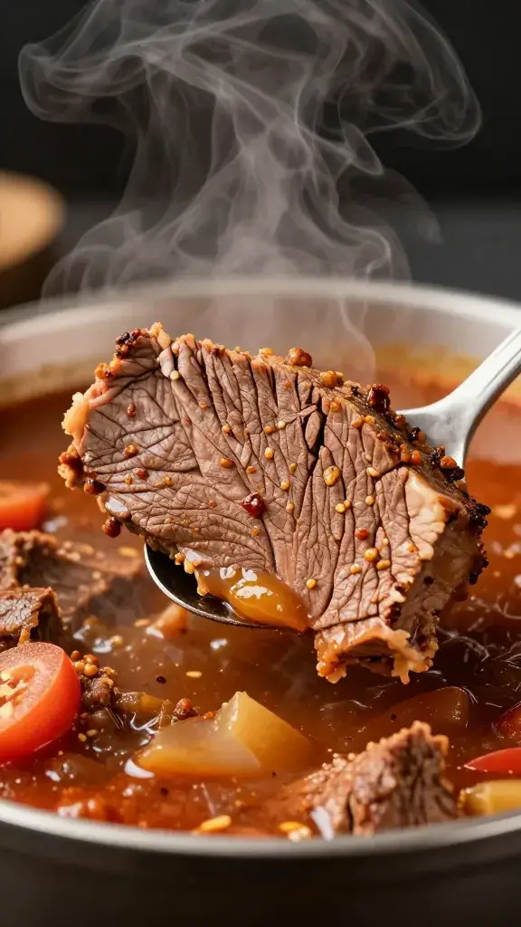 steaming goulash slice showing cinnamon-spiced beef cross-section