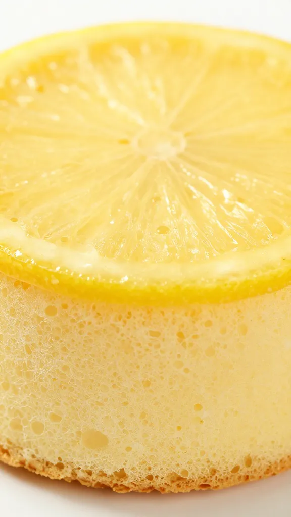 airy sponge top of lemon custard cake, macro
