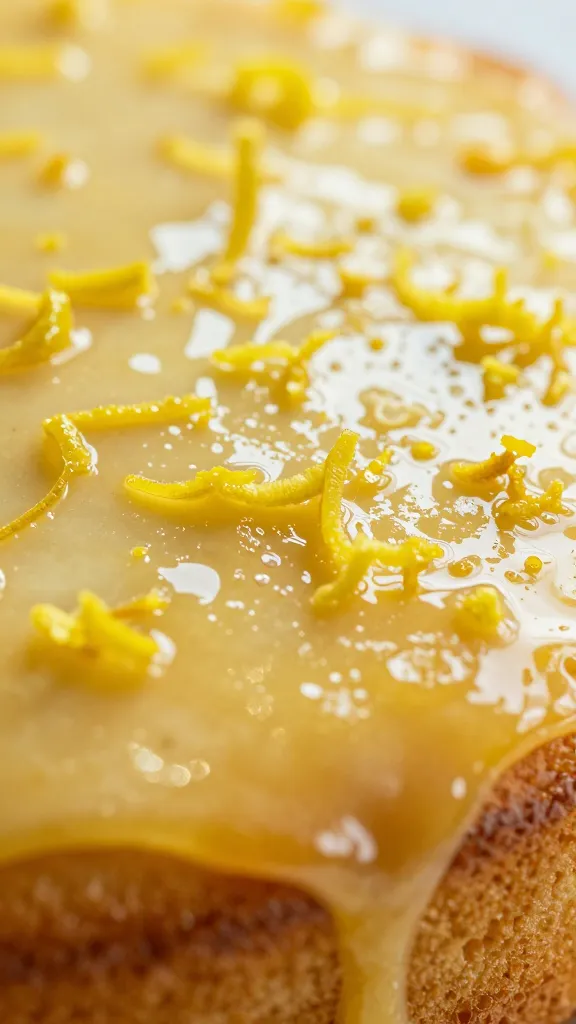 glossy lemon zest on cake surface, extreme closeup