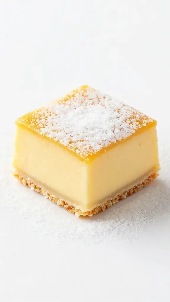 single square of lemon custard cake dusted with sugar