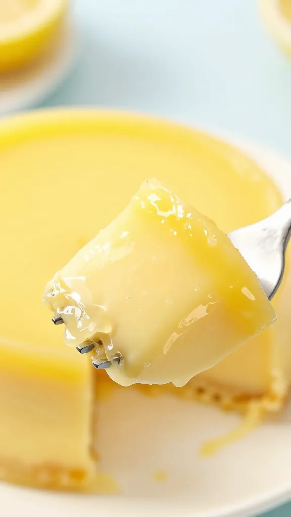jiggly lemon custard layer on fork, closeup