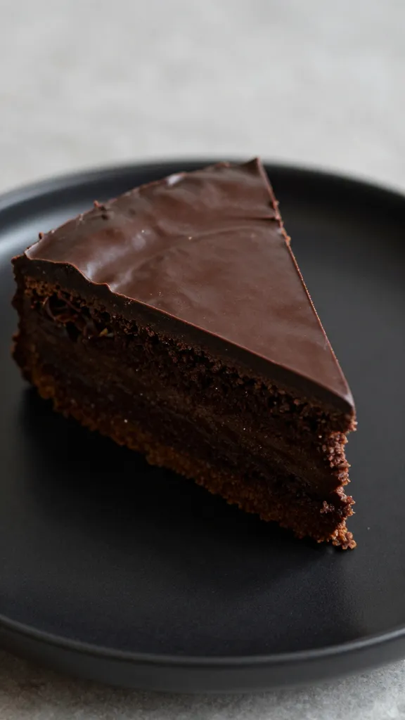 closeup slice of German Chocolate Cake on matte black plate