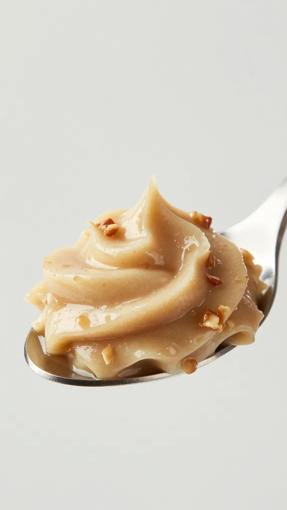 coconut-pecan frosting spoonful, glossy and textured, studio light
