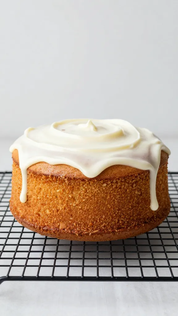single cake layer with frosting drip, on cooling rack