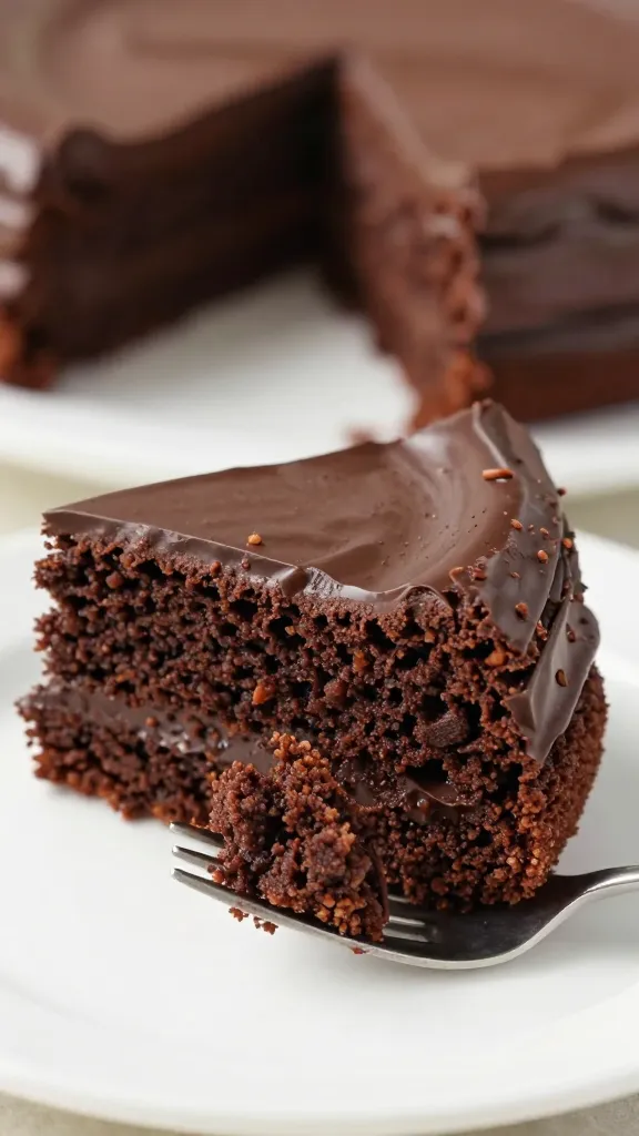 forkful of German Chocolate Cake, moist crumb detail