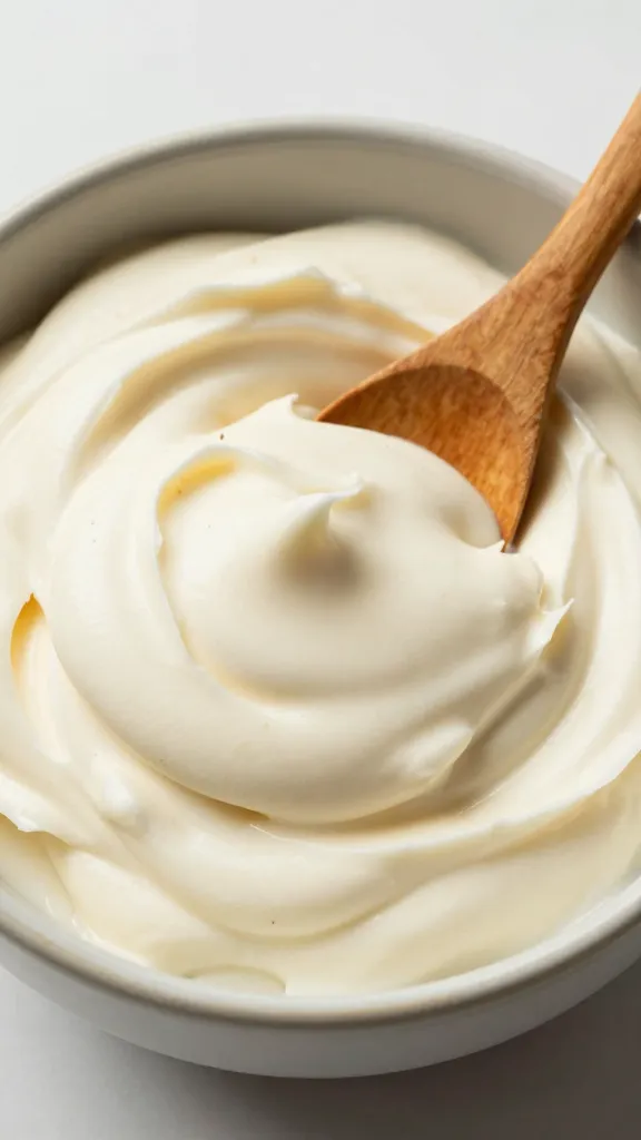 bowl of warm coconut-pecan frosting, wooden spoon swirl