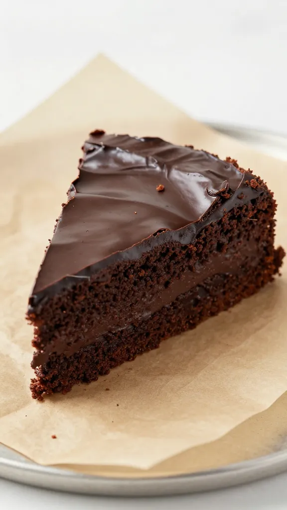 German Chocolate Cake slice on parchment, crumbs visible