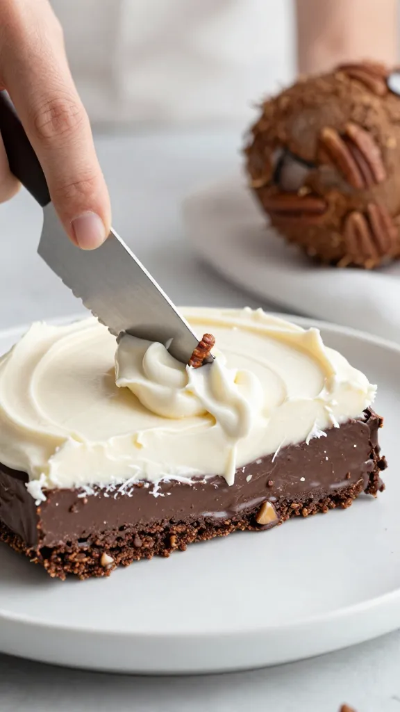 knife spreading coconut-pecan frosting on chocolate layer