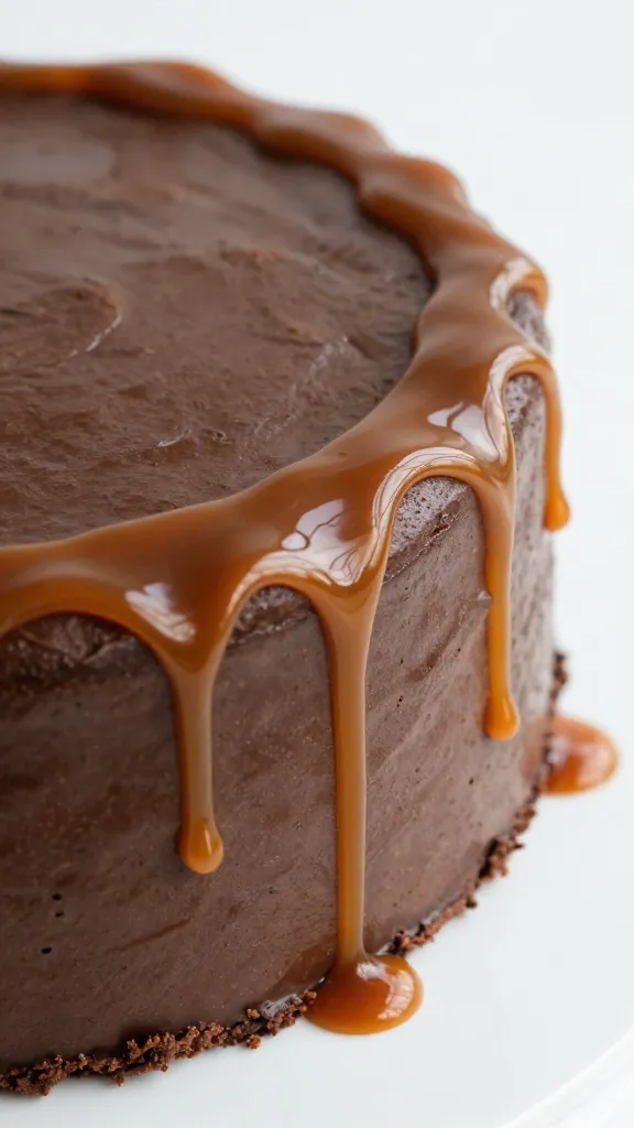 dripping salted caramel on fudgy chocolate cake edge