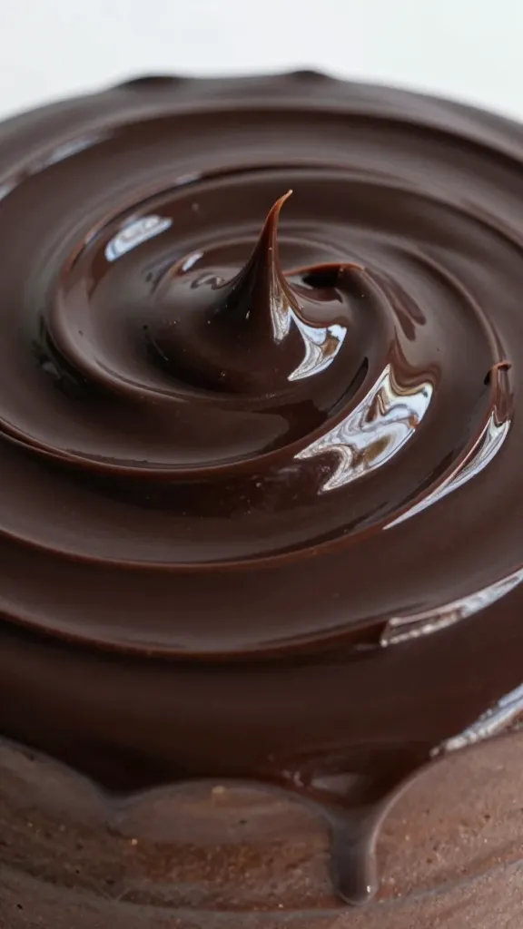 glossy dark chocolate ganache swirl on cake top