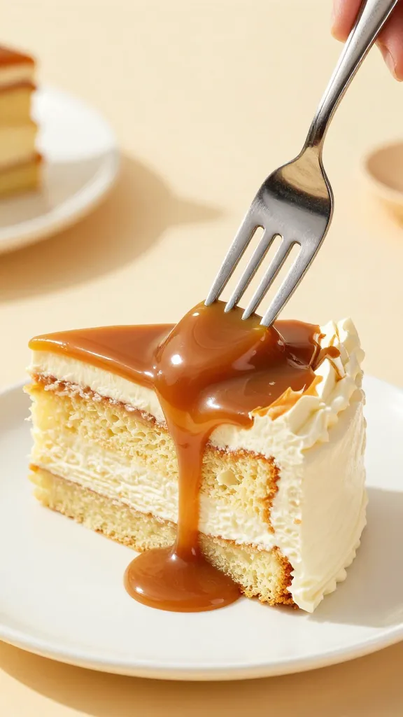fork lifting gooey caramel from cake slice
