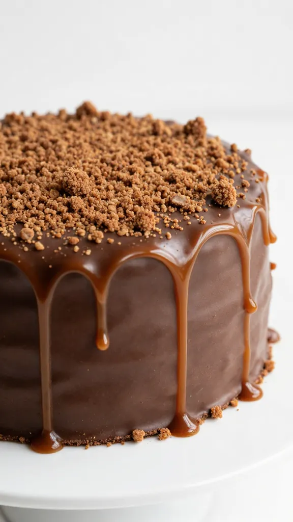 crumb-coated chocolate cake side with caramel drips