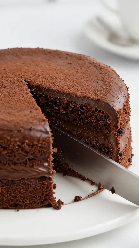 knife slicing through fudgy chocolate cake layer