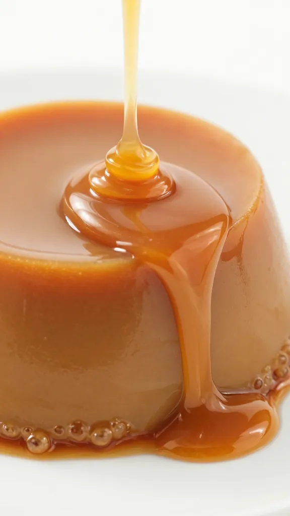 closeup sticky toffee pudding slice with glossy toffee pour