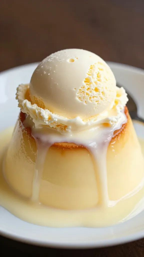 warm pudding topped with melting vanilla ice cream