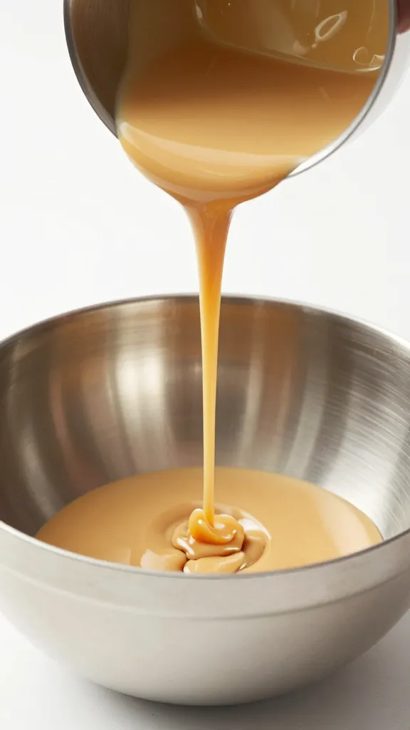 whisk dripping warm toffee sauce into stainless bowl
