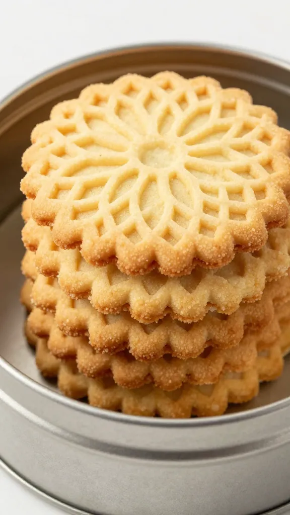 stack of orange lace cookies in metal tin