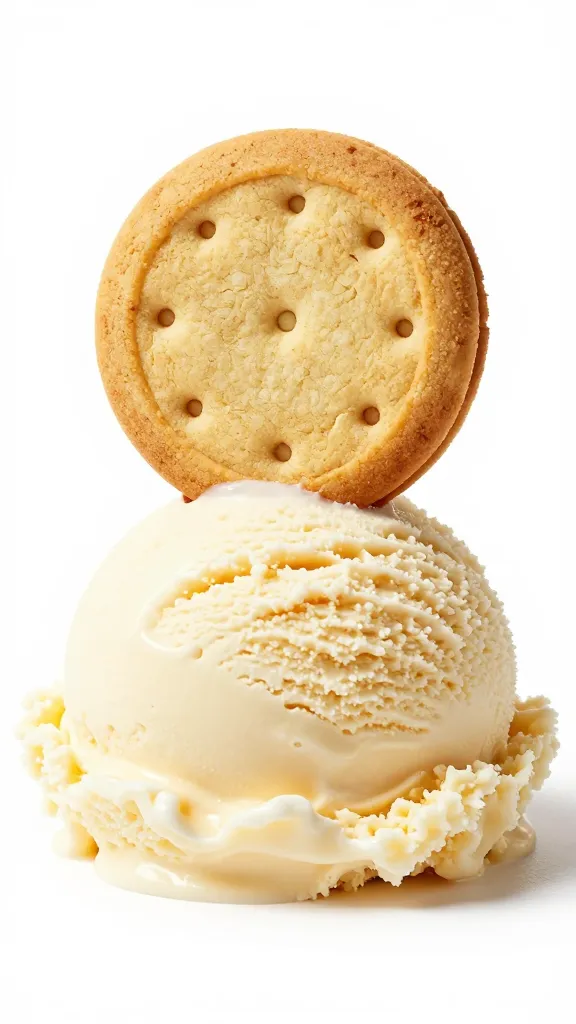 single cookie perched on vanilla ice cream scoop