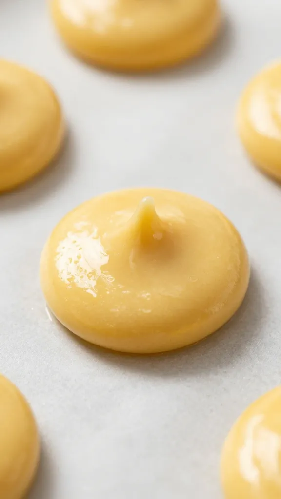 glossy cookie batter dollop on baking sheet