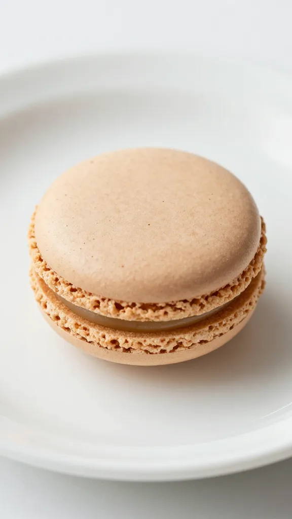 closeup of single biscoff macaron on matte white plate