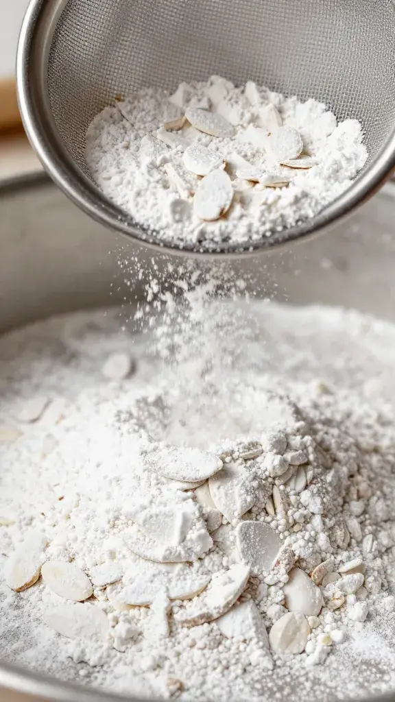 sieve dusting powdered sugar over almond flour, closeup