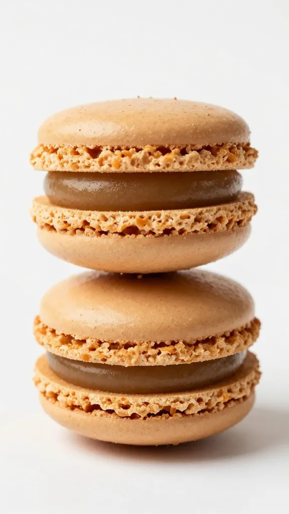 single chilled biscoff macaron with bite revealing filling