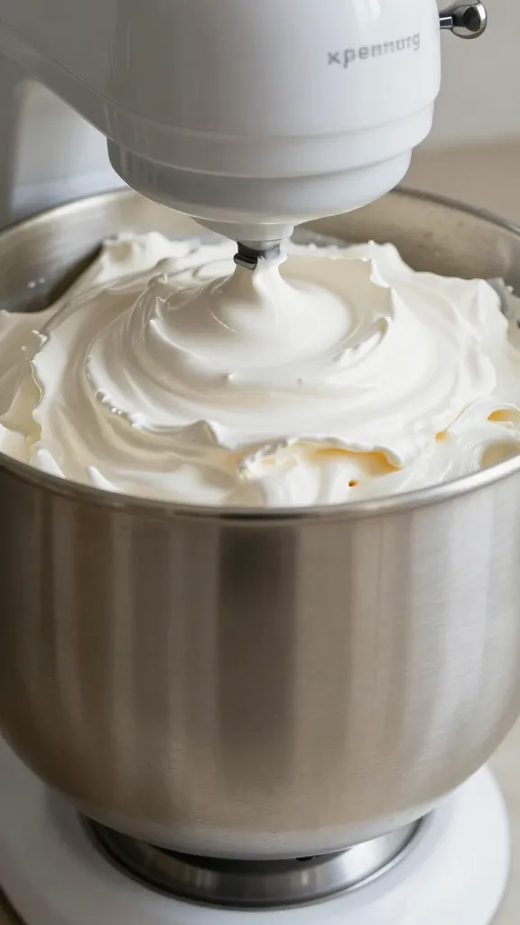 stand mixer bowl with whipped meringue stiff peaks, closeup
