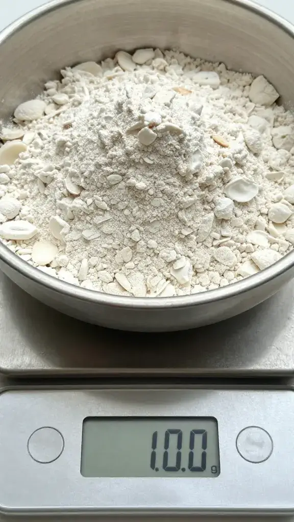 digital scale displaying 110g almond flour in bowl, closeup