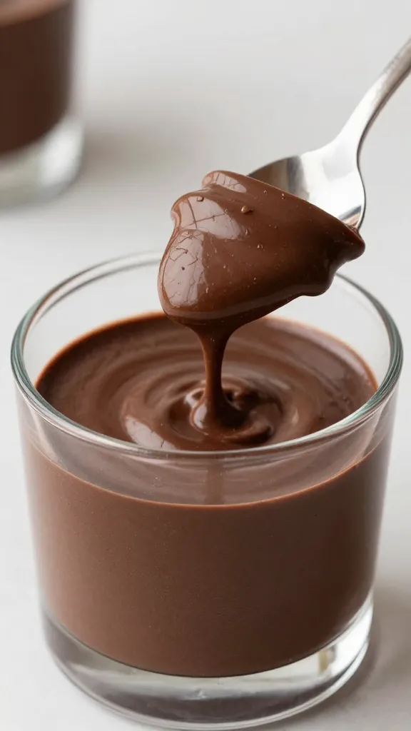 spoon scooping dark chocolate mousse from glass cup