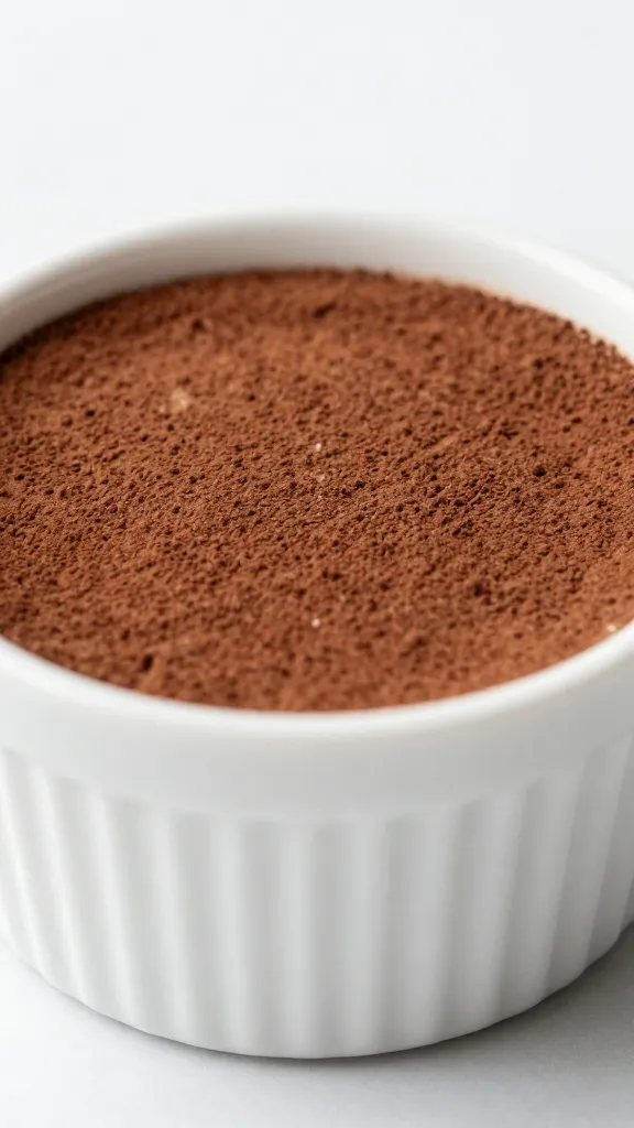 white ramekin of triple mousse with cocoa dusting