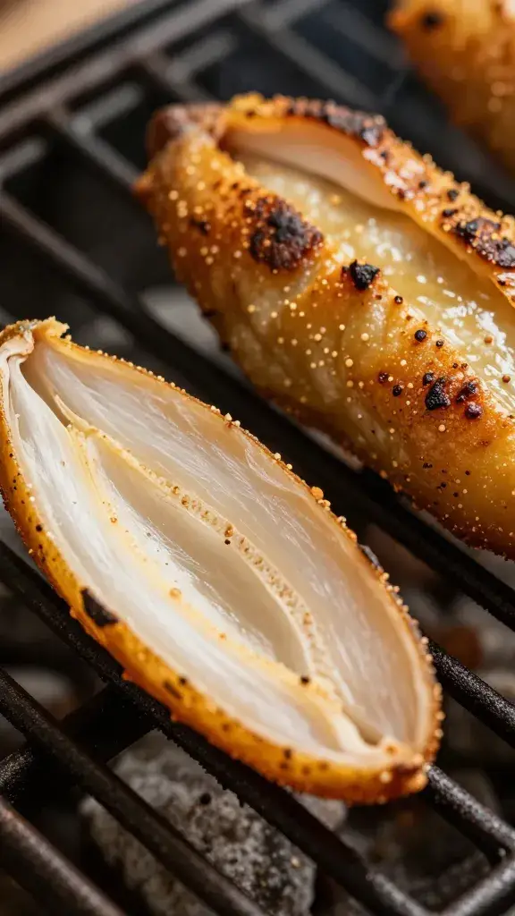 closeup of halved Lebanese arayes on cast-iron grill