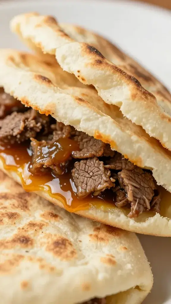 arayes stuffed pita closeup with visible beef juices