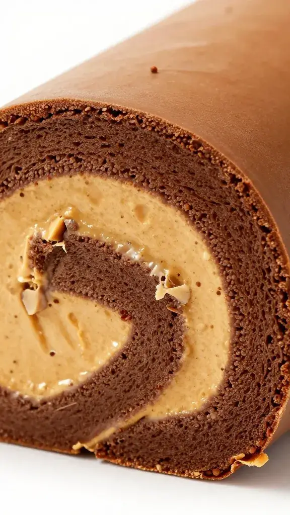 closeup slice of peanut butter cup chocolate roll