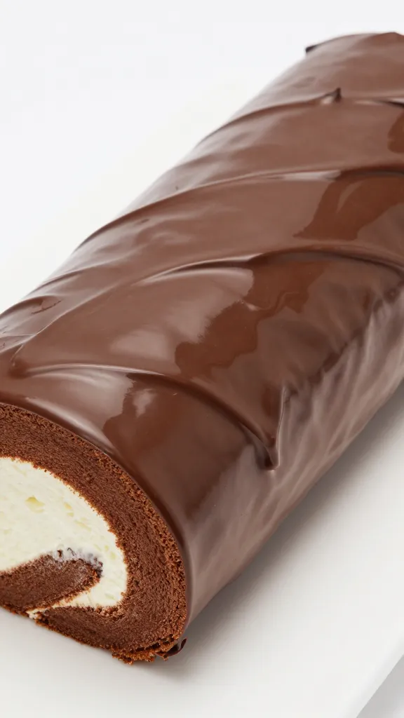 glossy chocolate ganache drip on cake roll surface