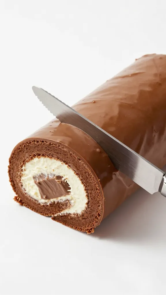 serrated knife slicing through ganache-topped roll
