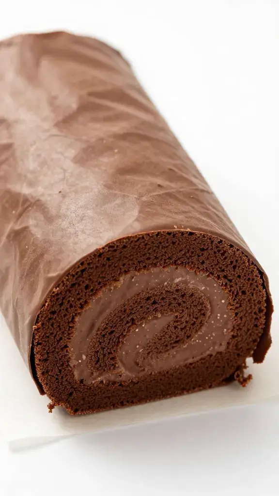 rolled chocolate sponge wrapped in parchment, closeup