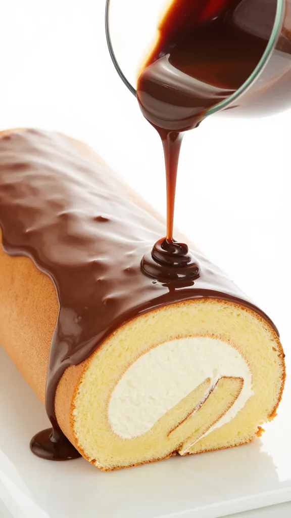 shiny ganache glaze being poured over cake roll