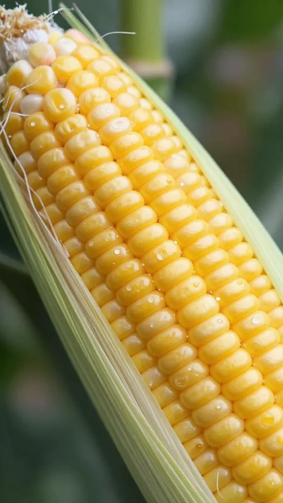 single ear of sweet corn, kernels glistening, macro