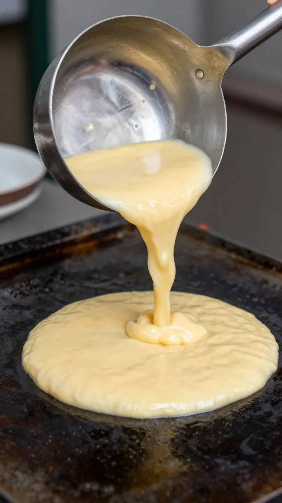 ladle pouring cachapa batter onto hot griddle