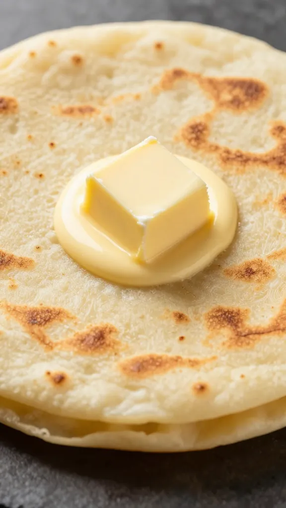 pat of butter melting on hot cachapa surface