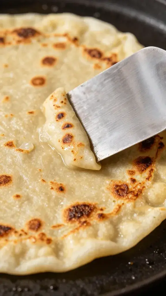 closeup of browned cachapa flip with metal spatula