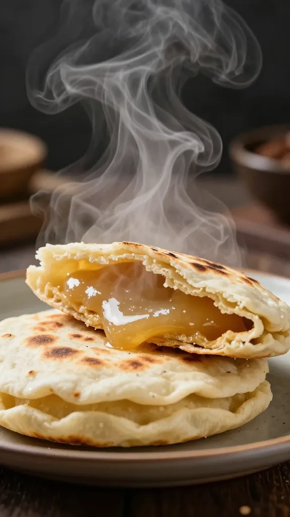 steam rising from opened cachapa, gooey center