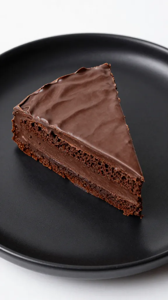 single fudgy chocolate cake slice on matte black plate