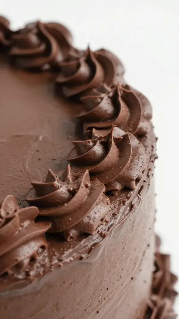 swirl of silky chocolate frosting on cake edge