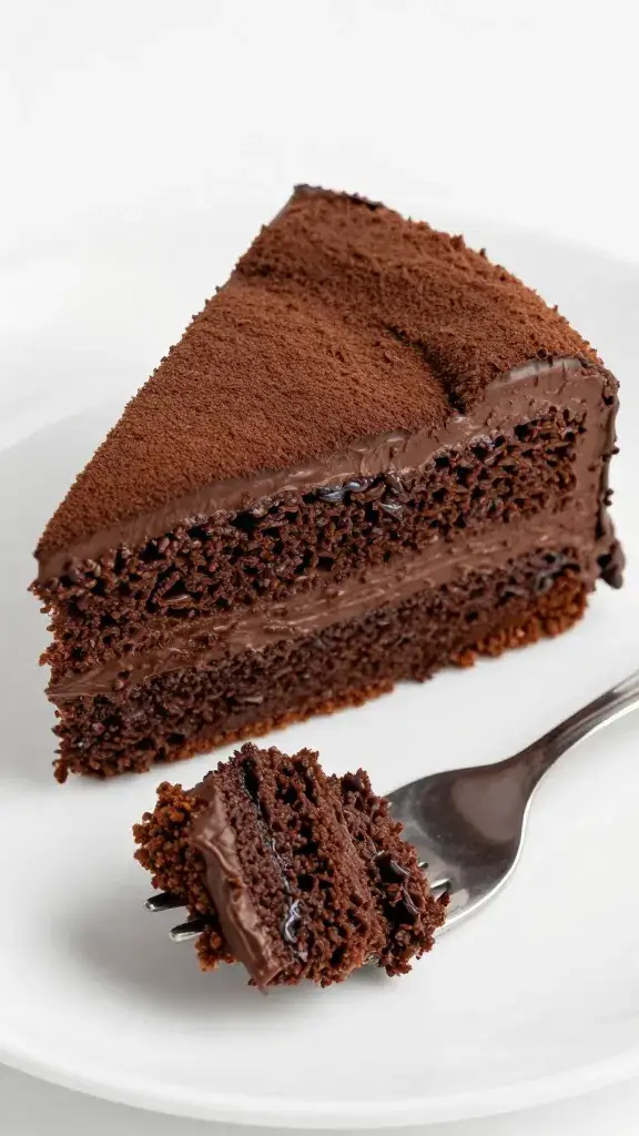 forkful of dense chocolate cake against white plate
