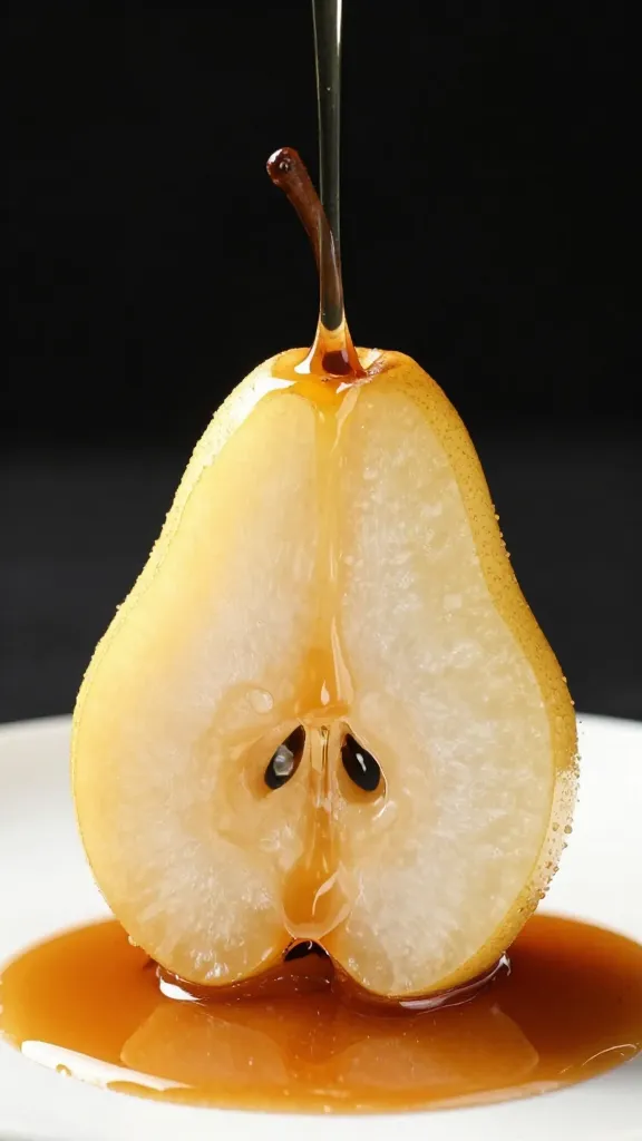single pear half dripping brown sugar butter sauce
